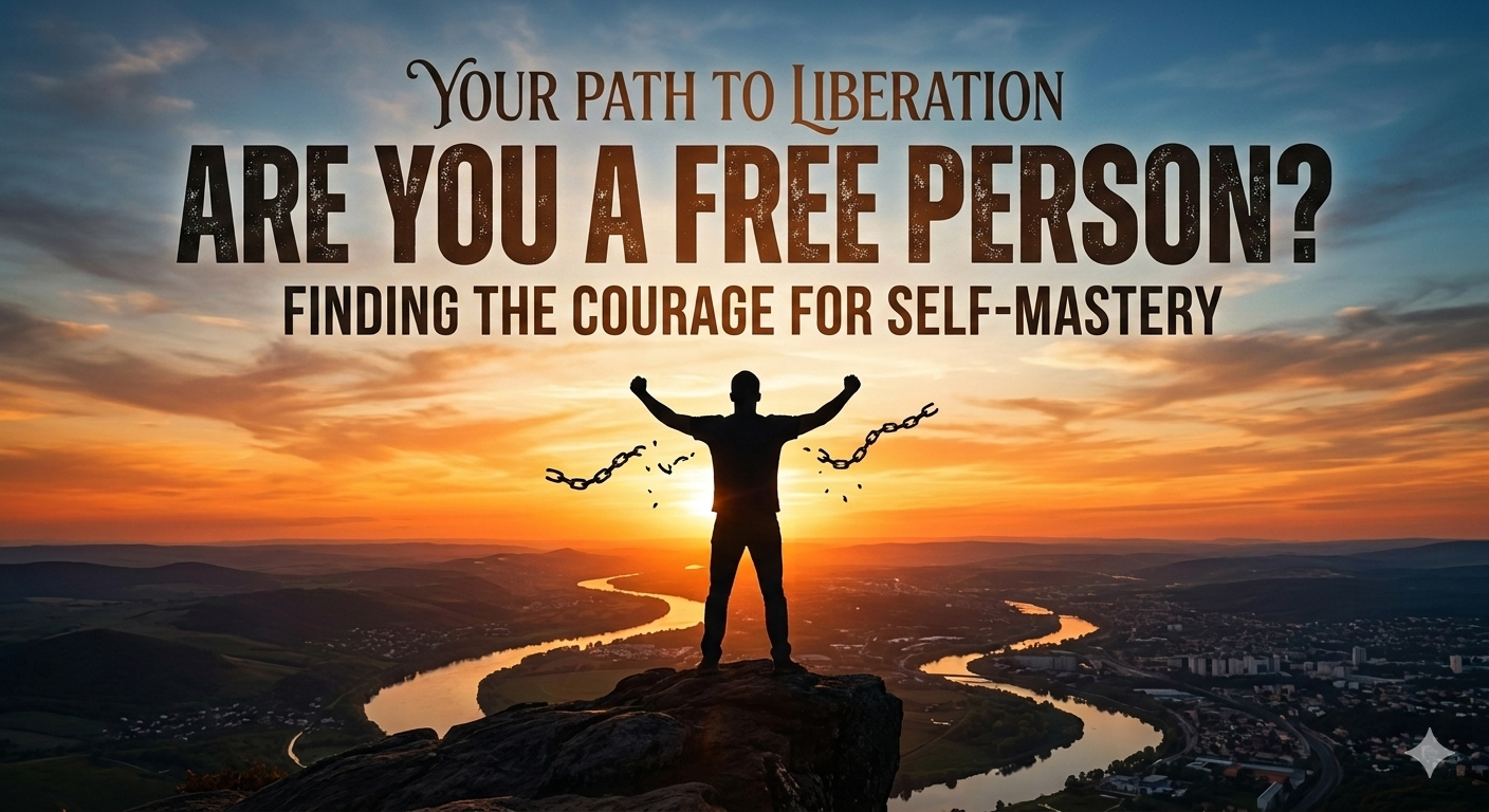 Silhouette of a man breaking chains on a mountain peak at sunset with text asking "Are you a free person?