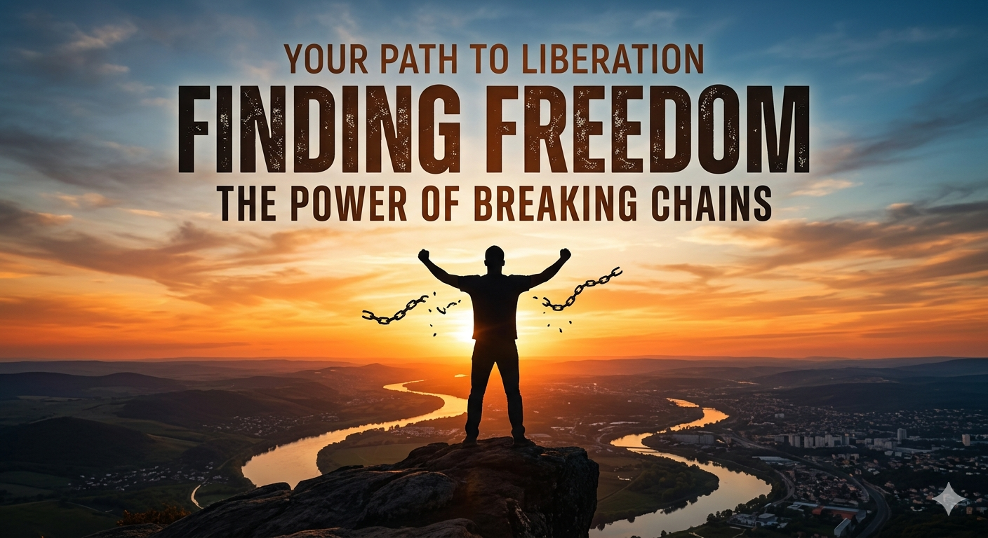 News feature banner about the concept of human freedom and liberation, showing a figure breaking chains over a winding river landscape.